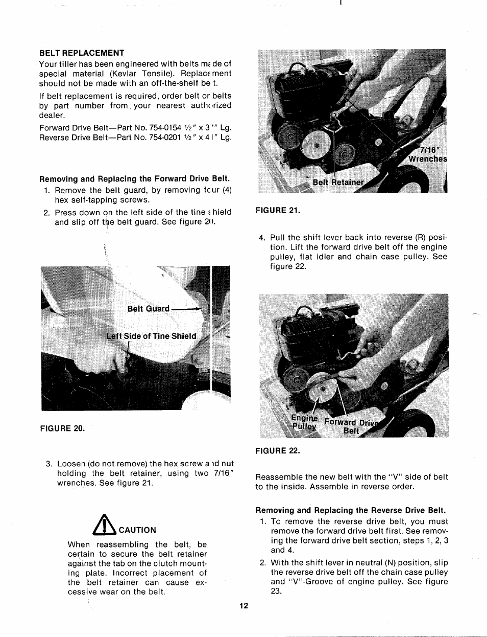 Belt replacement, Removing and replacing the forward drive belt, Caution | Removing and replacing the reverse drive belt | MTD 214-381-000 User Manual | Page 12 / 23