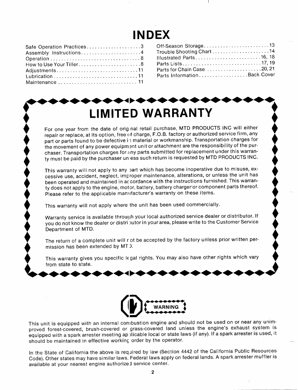 Index, Limited warranty, Vlimited warranty | MTD 214-381-000 User Manual | Page 2 / 23