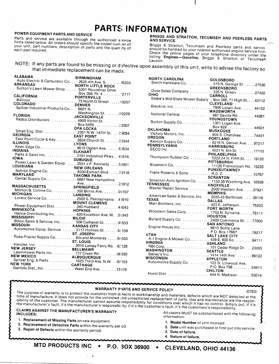 Parts, Information | MTD 214-381-000 User Manual | Page 23 / 23