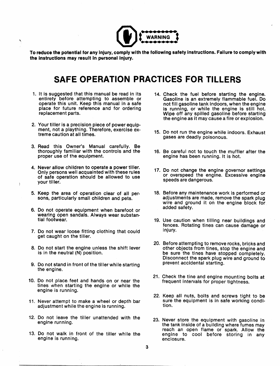 I warning, Safe operation practices for tillers | MTD 214-381-000 User Manual | Page 3 / 23