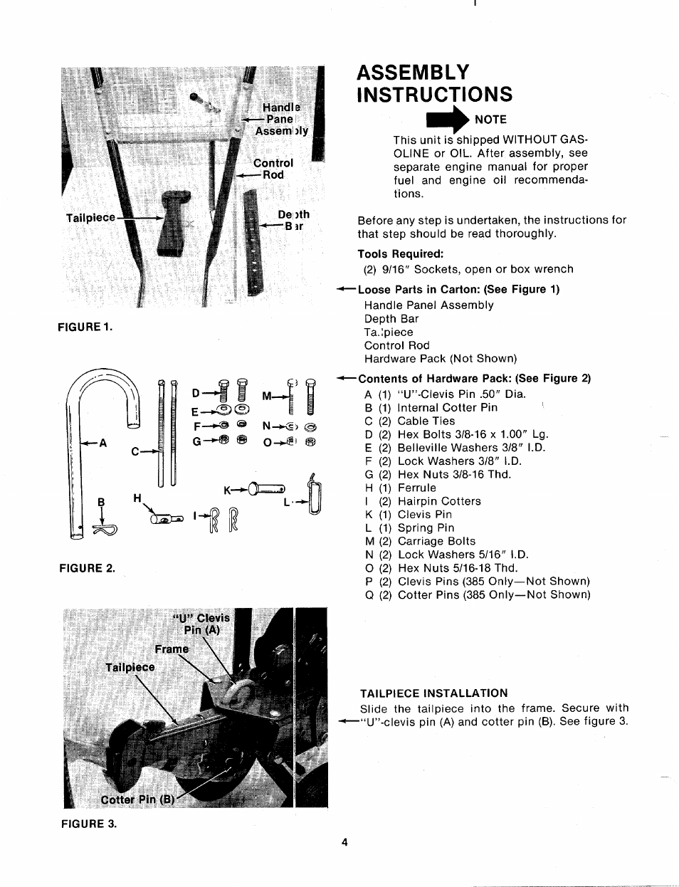 Handle — pane assem )ly, Figure 1, Assembly | Instructions, Note, Tools required, Loose parts in carton: (see figure 1), Contents of hardware pack: (see figure 2), Tailpiece installation, Assembly instructions | MTD 214-381-000 User Manual | Page 4 / 23