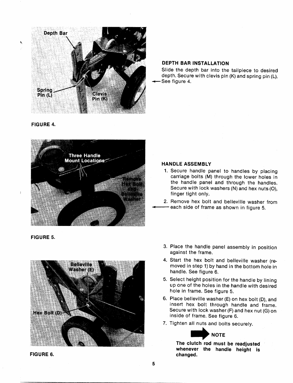 Depth bar installation, Handle assembly, Note | MTD 214-381-000 User Manual | Page 5 / 23