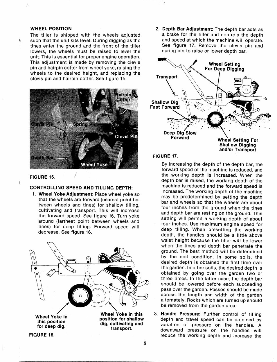 Wheel position, Controlling speed and tilling depth, Shaiiow dig fast forward | Figure 17 | MTD 214-381-000 User Manual | Page 9 / 23