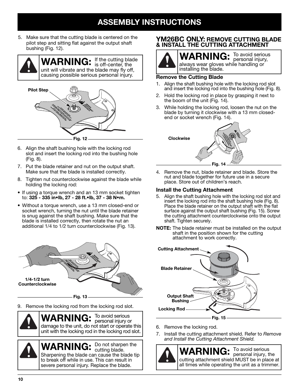 Warning, Assembly instructions, Ym26bc only | MTD YM26CO User Manual | Page 10 / 104