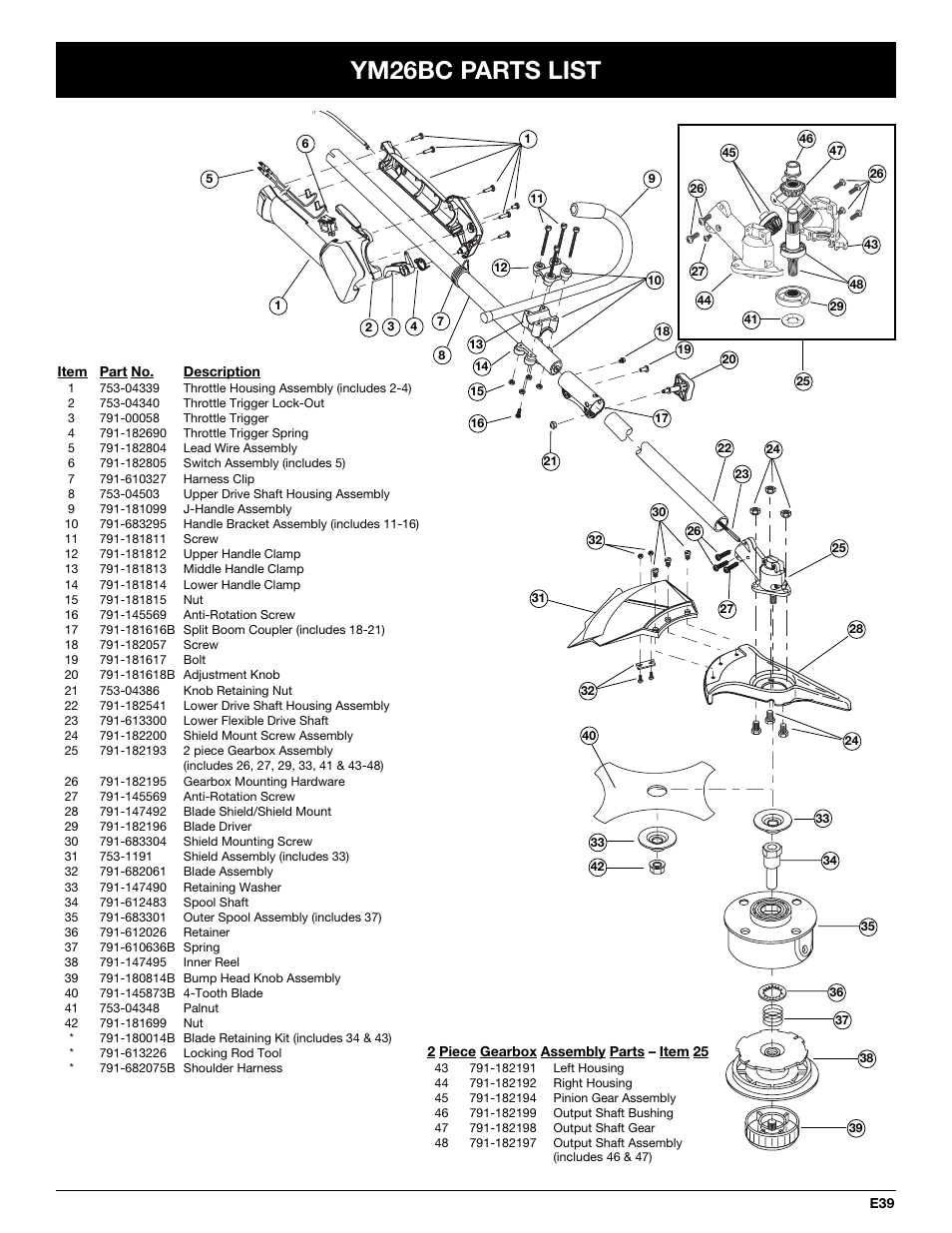 Ym26bc parts list | MTD YM26CO User Manual | Page 103 / 104