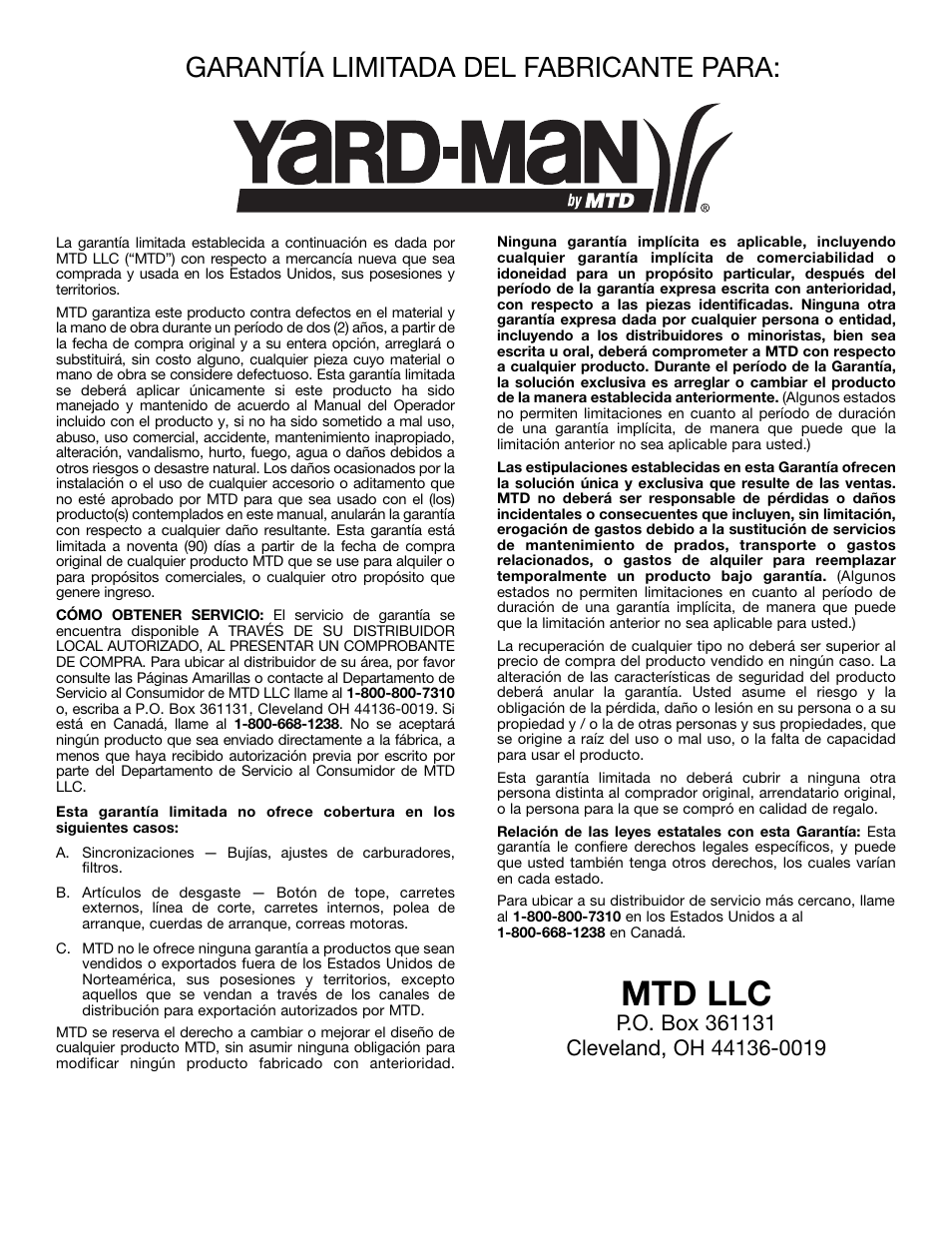 Mtd llc, Garantía limitada del fabricante para | MTD YM26CO User Manual | Page 104 / 104