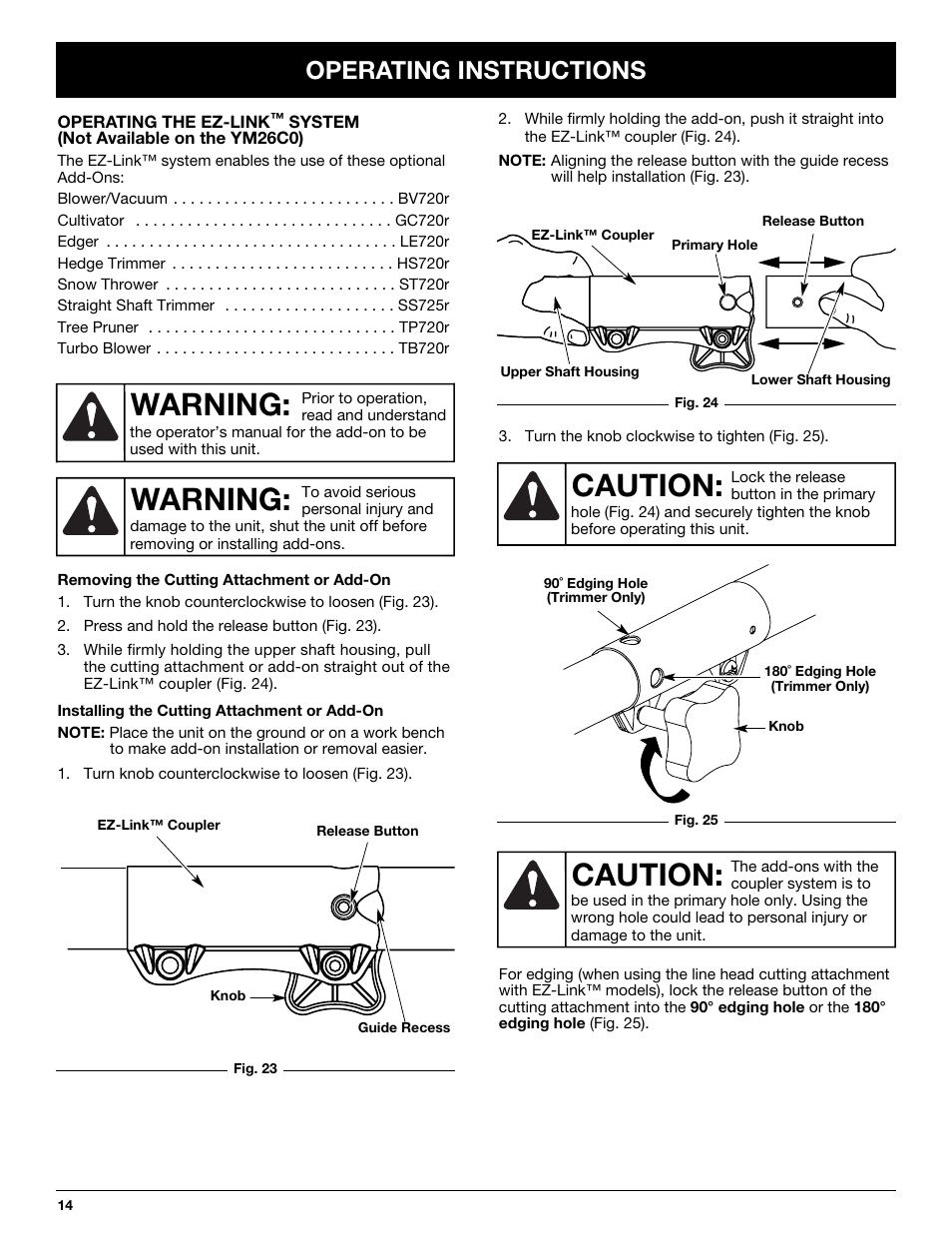 Warning, Caution, Operating instructions | MTD YM26CO User Manual | Page 14 / 104