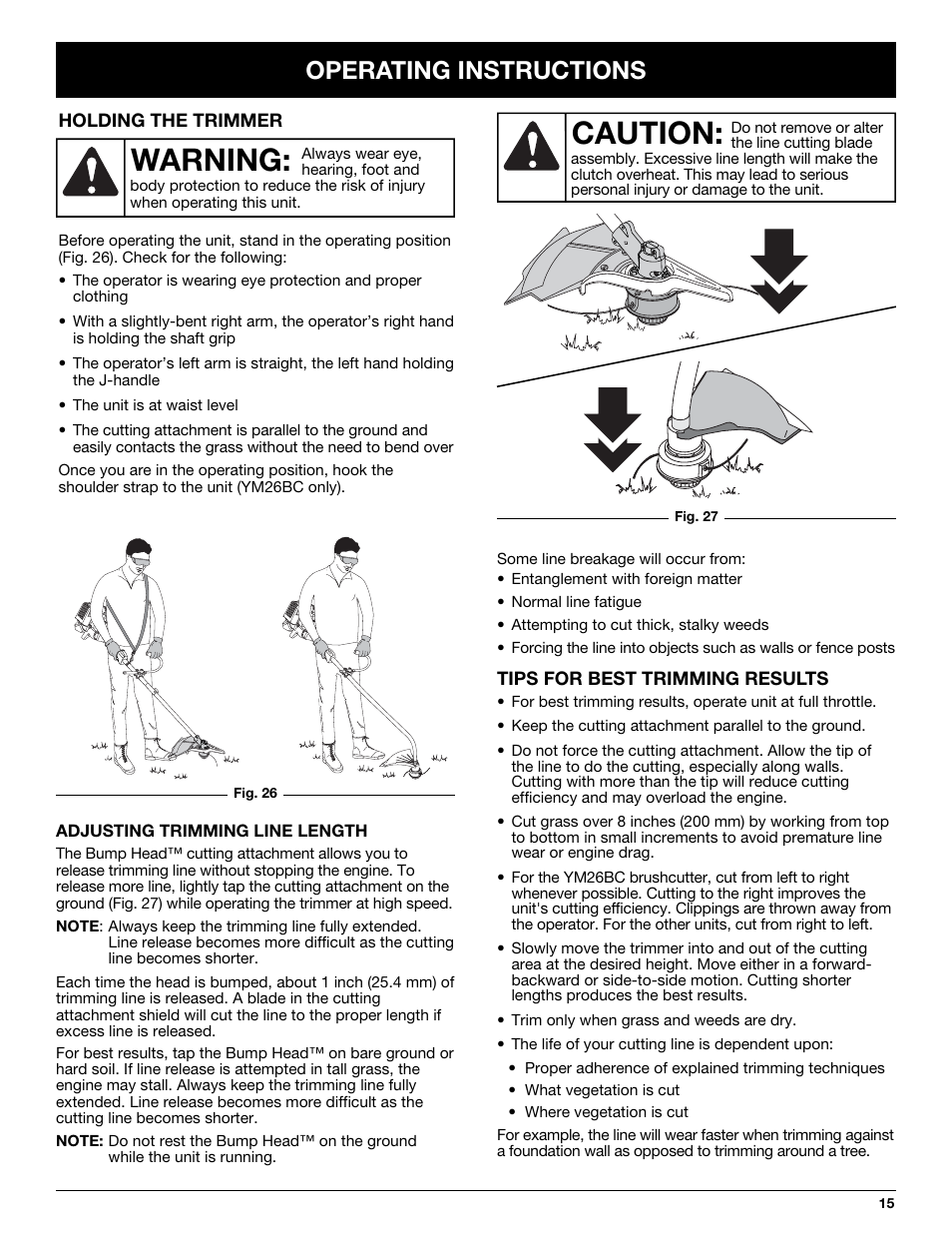 Caution, Warning, Operating instructions | MTD YM26CO User Manual | Page 15 / 104