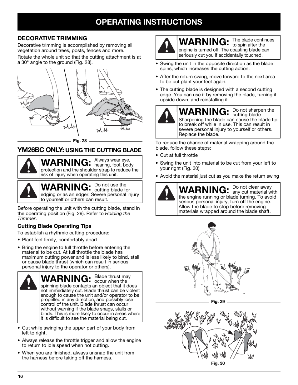 Warning, Operating instructions, Ym26bc only | MTD YM26CO User Manual | Page 16 / 104