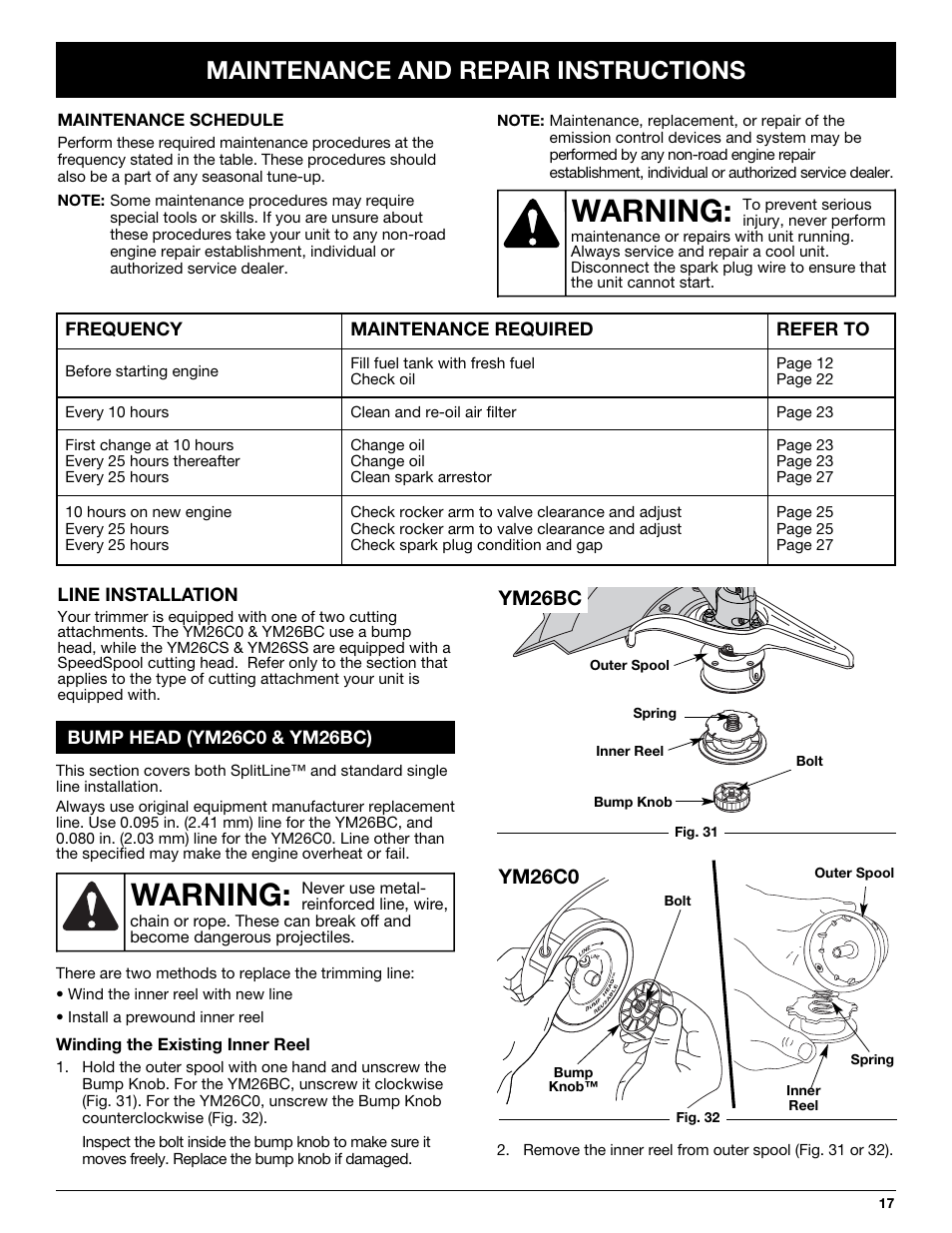 Warning, Maintenance and repair instructions | MTD YM26CO User Manual | Page 17 / 104