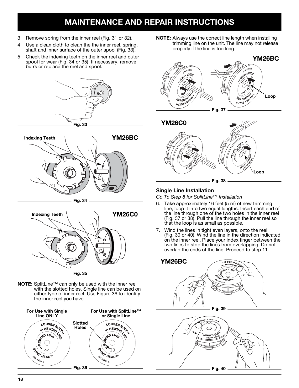 Maintenance and repair instructions, Ym26bc | MTD YM26CO User Manual | Page 18 / 104