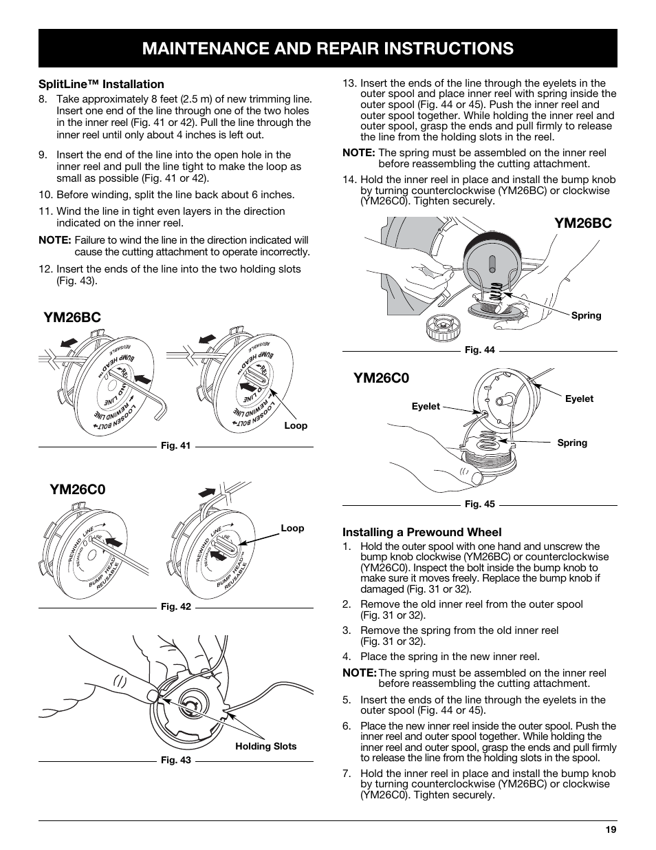 Maintenance and repair instructions, Ym26bc, Ym26c0 | MTD YM26CO User Manual | Page 19 / 104