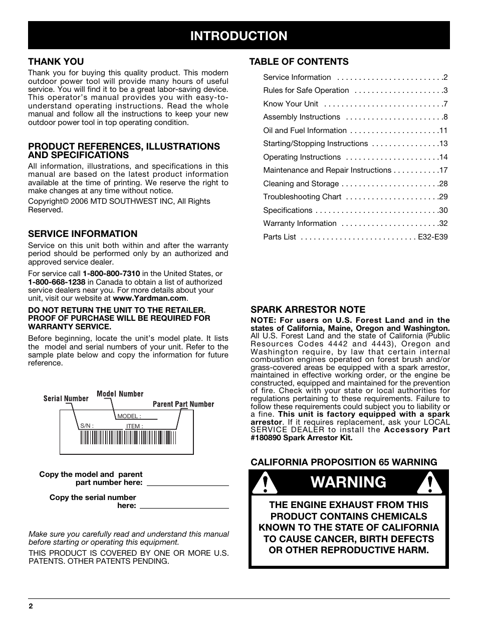 Warning, Introduction | MTD YM26CO User Manual | Page 2 / 104