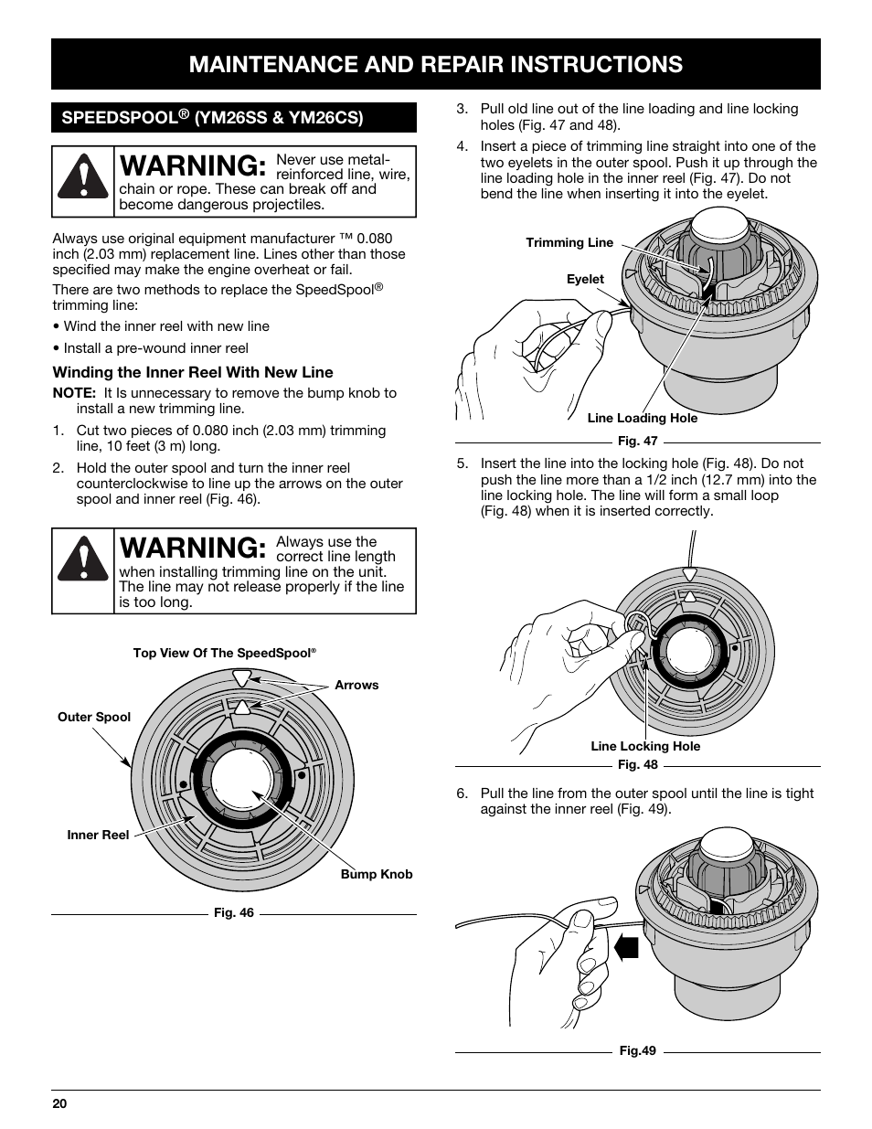 Warning, Maintenance and repair instructions | MTD YM26CO User Manual | Page 20 / 104