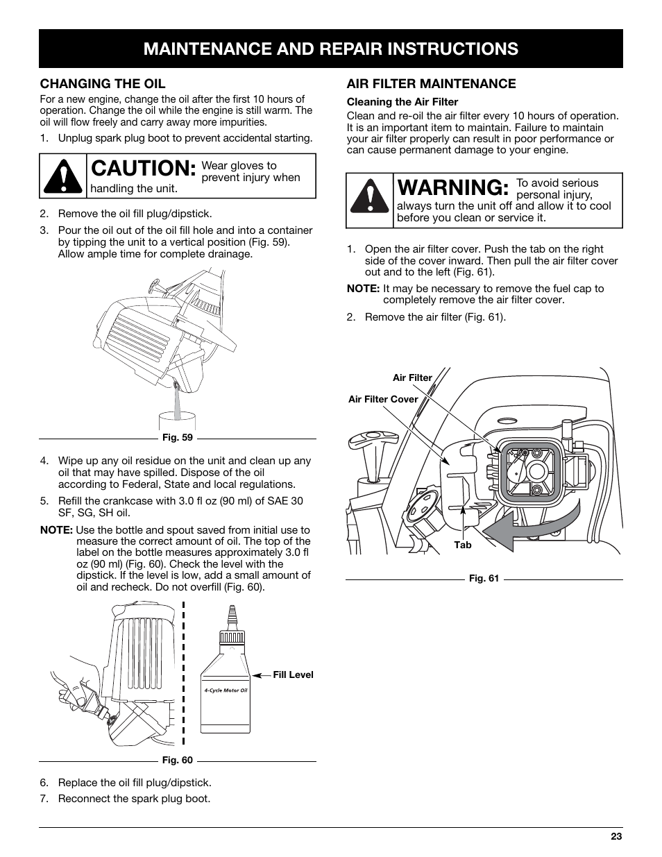 Caution, Warning, Maintenance and repair instructions | MTD YM26CO User Manual | Page 23 / 104