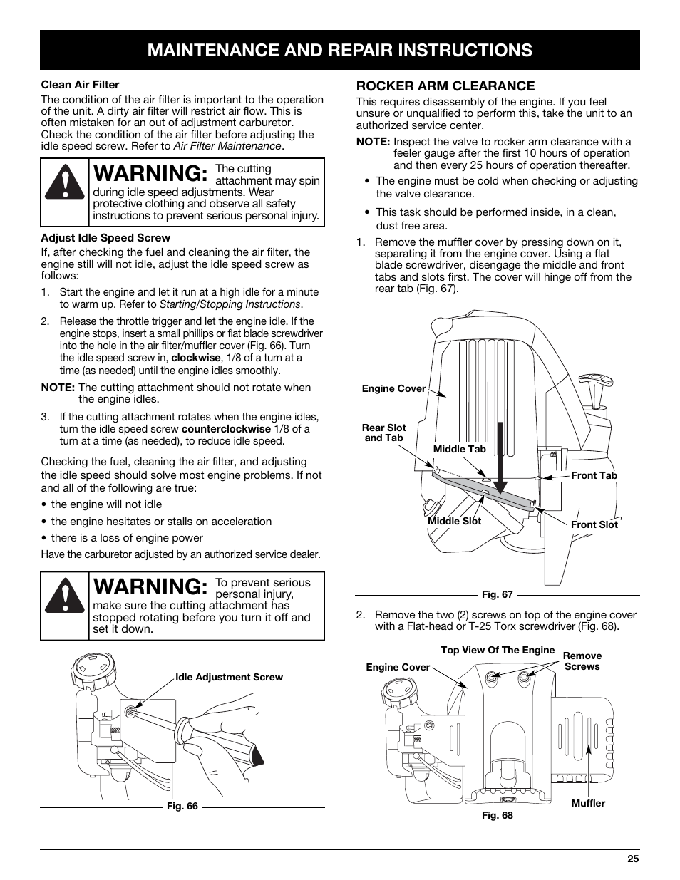 Warning, Maintenance and repair instructions | MTD YM26CO User Manual | Page 25 / 104