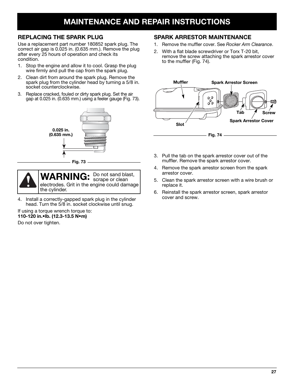 Warning, Maintenance and repair instructions | MTD YM26CO User Manual | Page 27 / 104