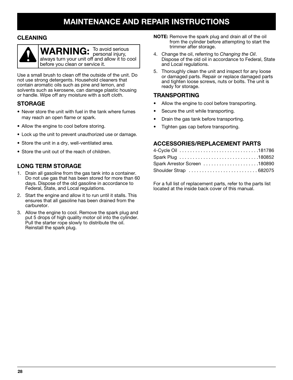 Warning, Maintenance and repair instructions | MTD YM26CO User Manual | Page 28 / 104