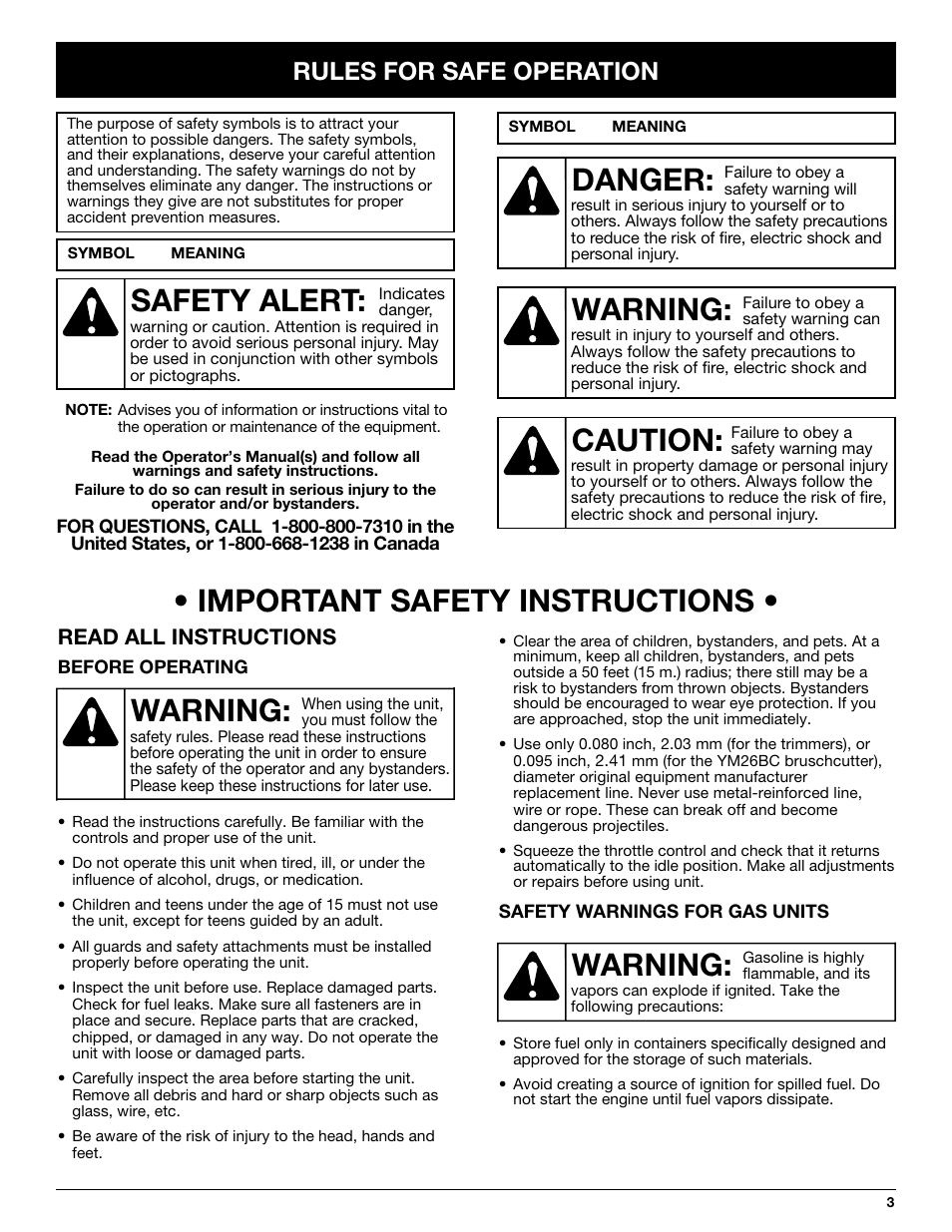 Warning, Danger, Caution | Safety alert, Warning: • important safety instructions, Rules for safe operation, Read all instructions | MTD YM26CO User Manual | Page 3 / 104