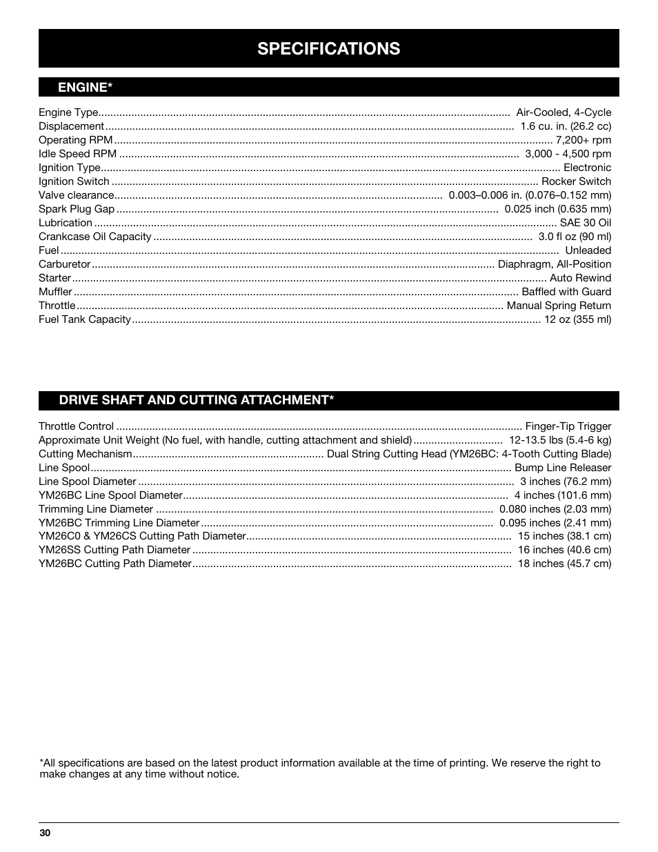 Specifications | MTD YM26CO User Manual | Page 30 / 104