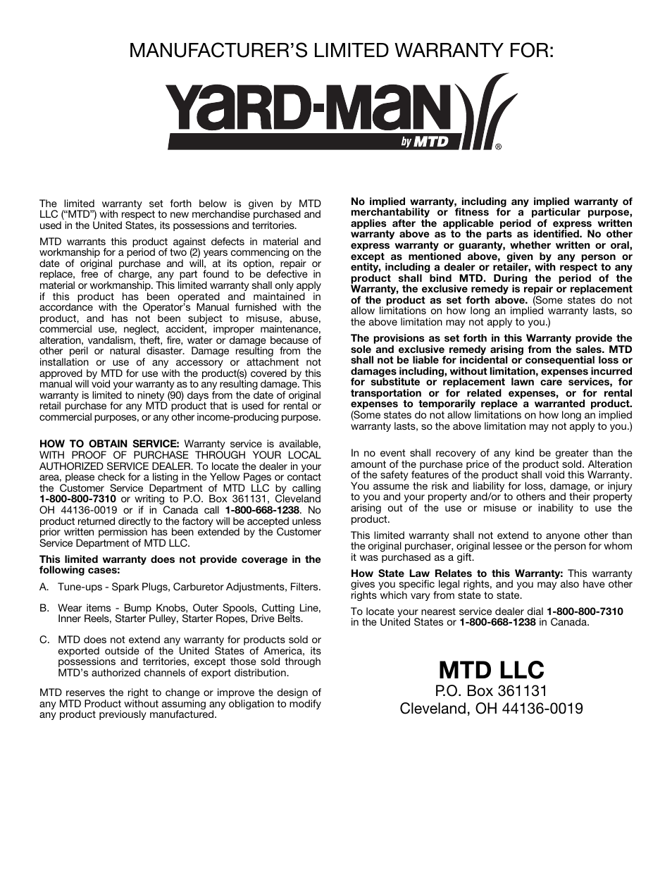 Mtd llc, Manufacturer’s limited warranty for | MTD YM26CO User Manual | Page 32 / 104