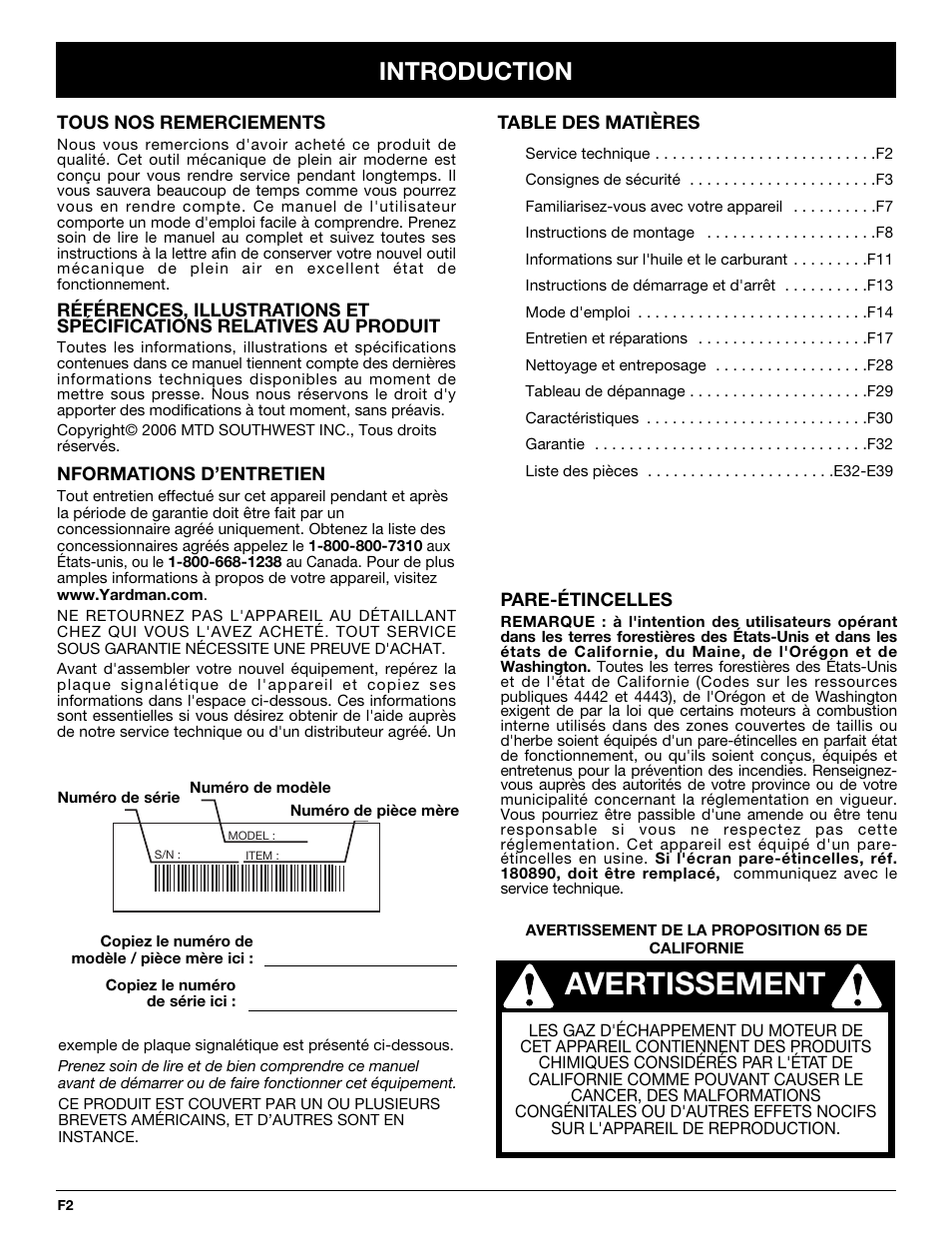 Avertissement, Introduction | MTD YM26CO User Manual | Page 34 / 104