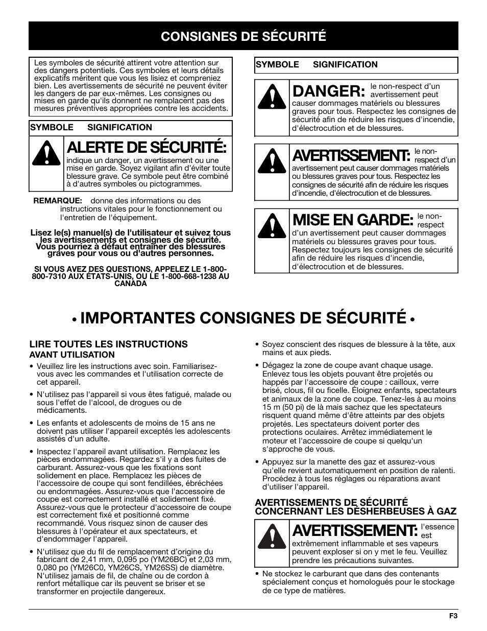 Avertissement, Danger, Mise en garde | Alerte de sécurité, Importantes consignes de sécurité, Consignes de sécurité | MTD YM26CO User Manual | Page 35 / 104