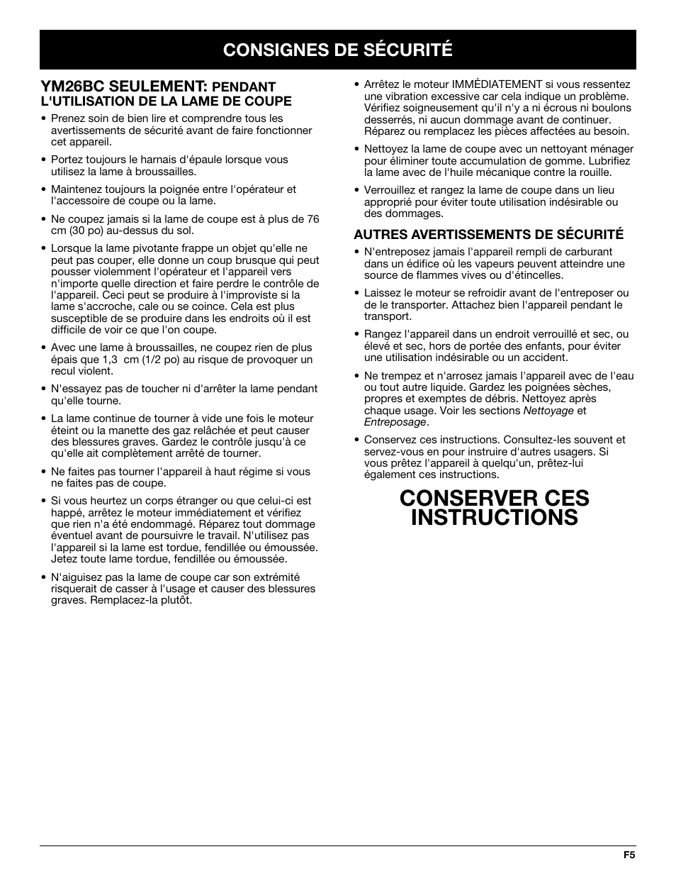 Conserver ces instructions, Consignes de sécurité, Ym26bc seulement | MTD YM26CO User Manual | Page 37 / 104