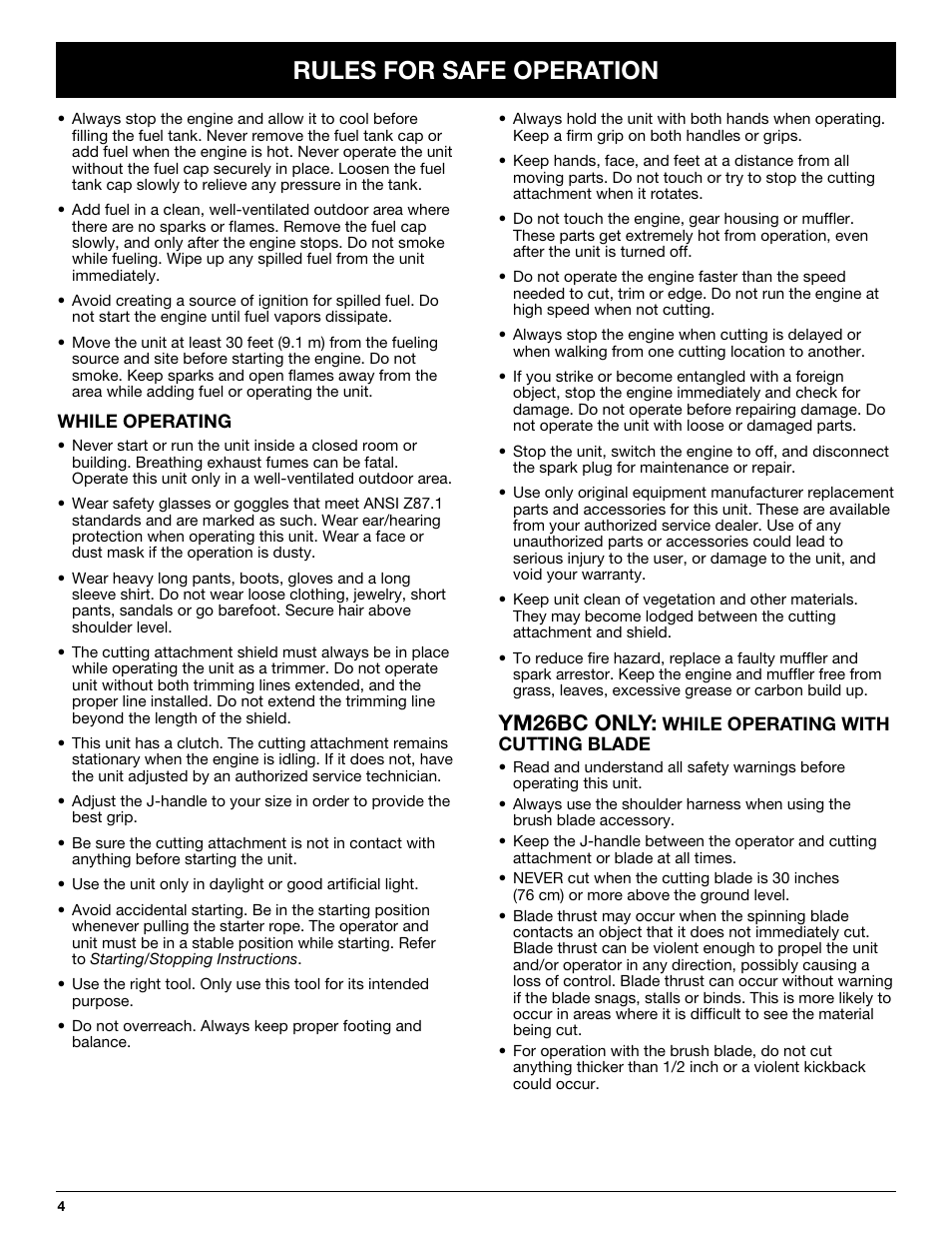 Rules for safe operation, Ym26bc only | MTD YM26CO User Manual | Page 4 / 104