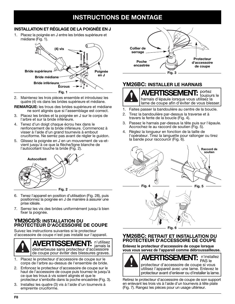 Avertissement, Instructions de montage, Ym26bc | Ym26c0/s | MTD YM26CO User Manual | Page 40 / 104