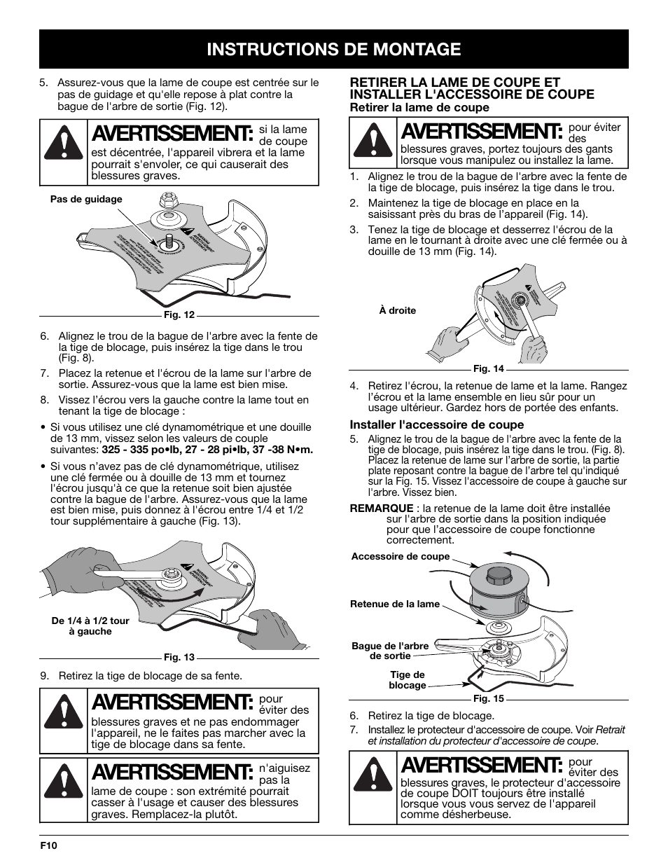 Avertissement, Instructions de montage | MTD YM26CO User Manual | Page 42 / 104