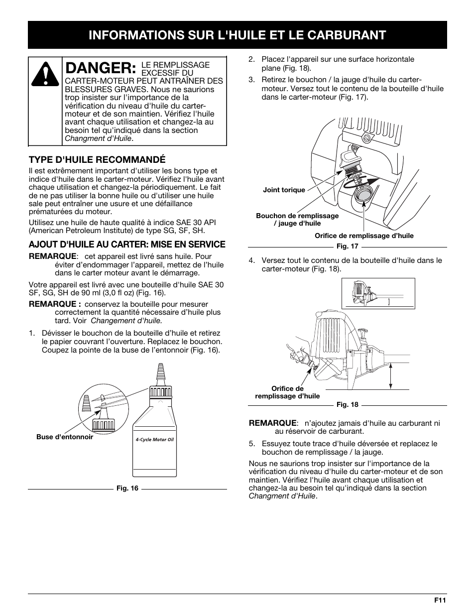 Danger, Informations sur l'huile et le carburant | MTD YM26CO User Manual | Page 43 / 104