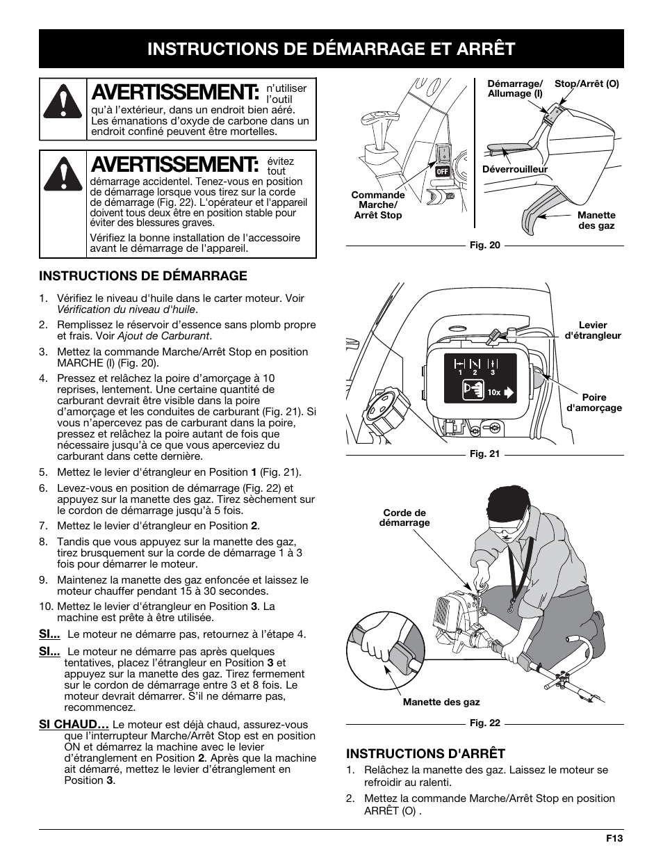 Avertissement, Instructions de démarrage et arrêt | MTD YM26CO User Manual | Page 45 / 104