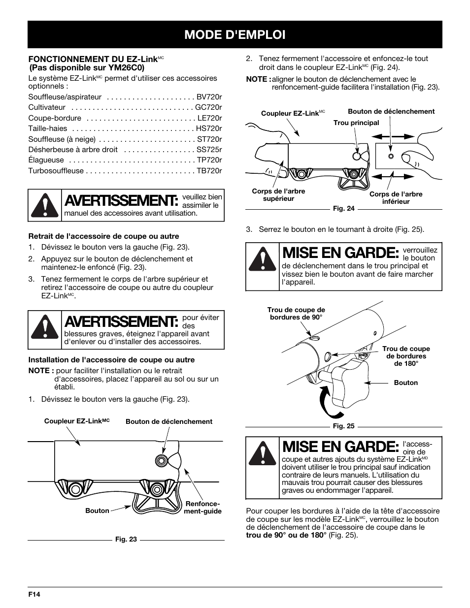 Avertissement, Mise en garde, Mode d'emploi | MTD YM26CO User Manual | Page 46 / 104