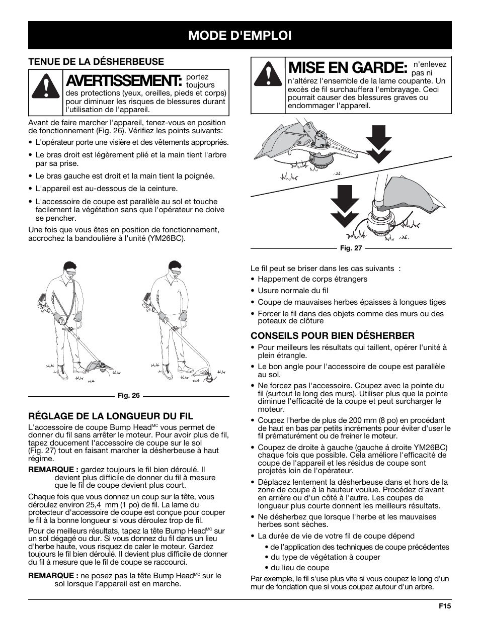Avertissement, Mise en garde, Mode d'emploi | MTD YM26CO User Manual | Page 47 / 104