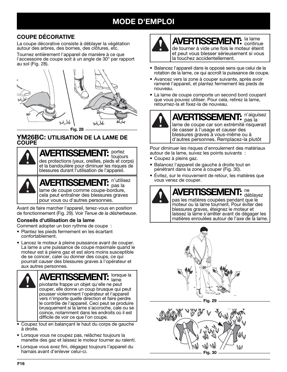 Avertissement, Mode d'emploi | MTD YM26CO User Manual | Page 48 / 104