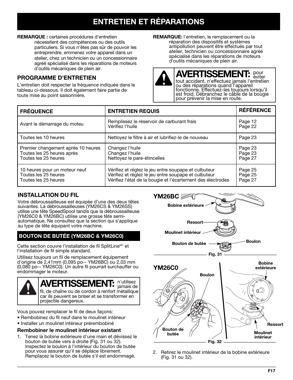 Avertissement, Entretien et réparations | MTD YM26CO User Manual | Page 49 / 104