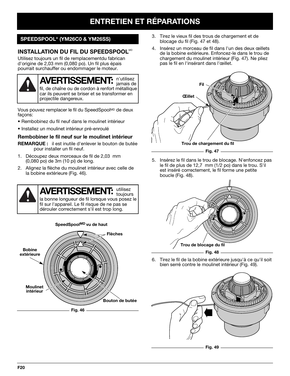 Avertissement, Entretien et réparations | MTD YM26CO User Manual | Page 52 / 104