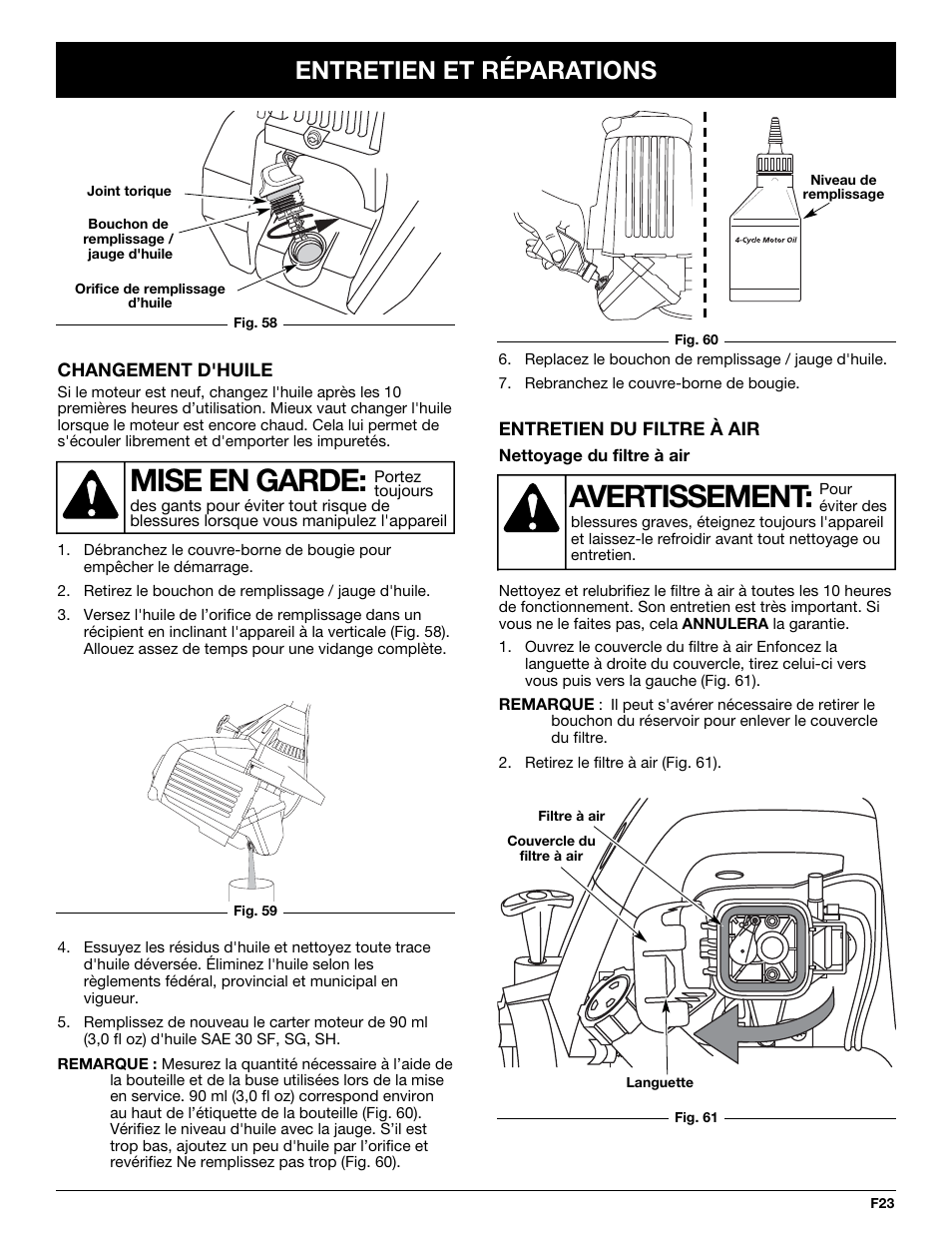 Mise en garde, Avertissement, Entretien et réparations | MTD YM26CO User Manual | Page 55 / 104