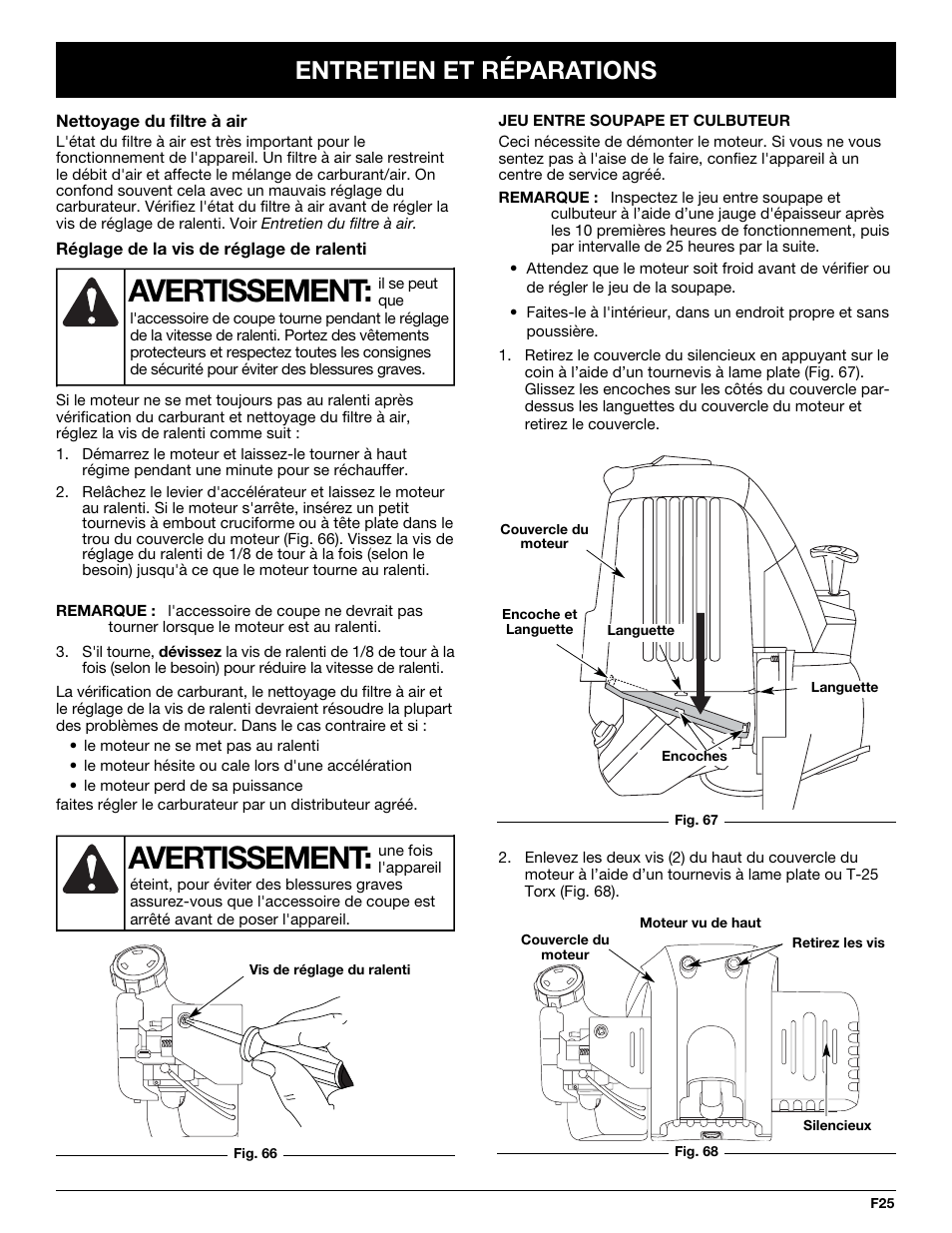 Avertissement, Entretien et réparations | MTD YM26CO User Manual | Page 57 / 104