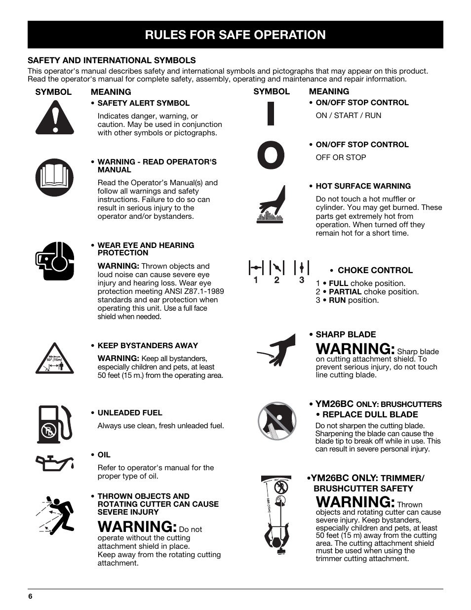 Warning, Rules for safe operation | MTD YM26CO User Manual | Page 6 / 104