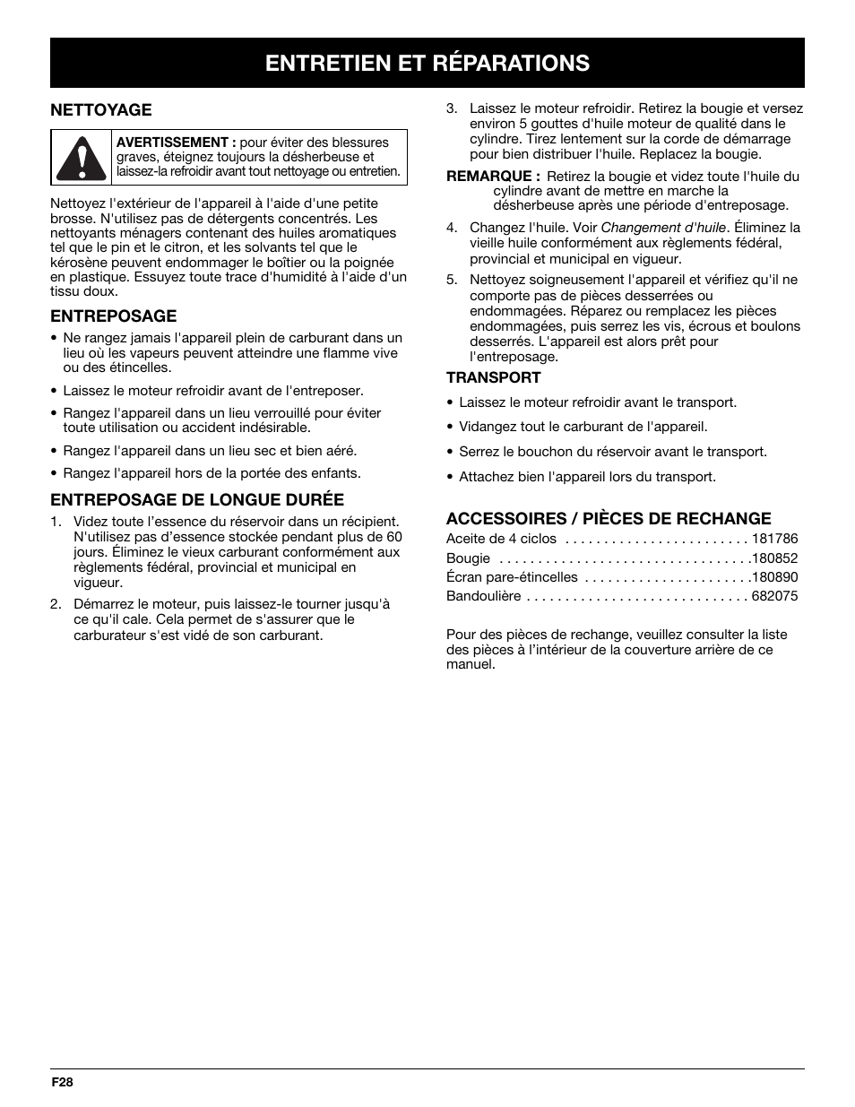 Entretien et réparations | MTD YM26CO User Manual | Page 60 / 104