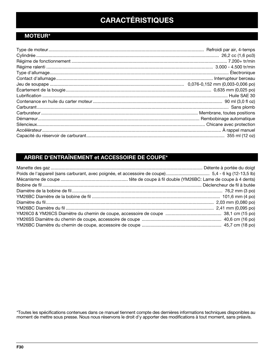 Caractéristiques | MTD YM26CO User Manual | Page 62 / 104