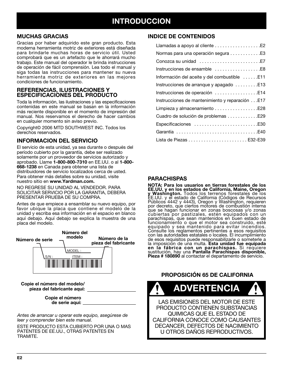 Advertencia, Introduccion | MTD YM26CO User Manual | Page 66 / 104