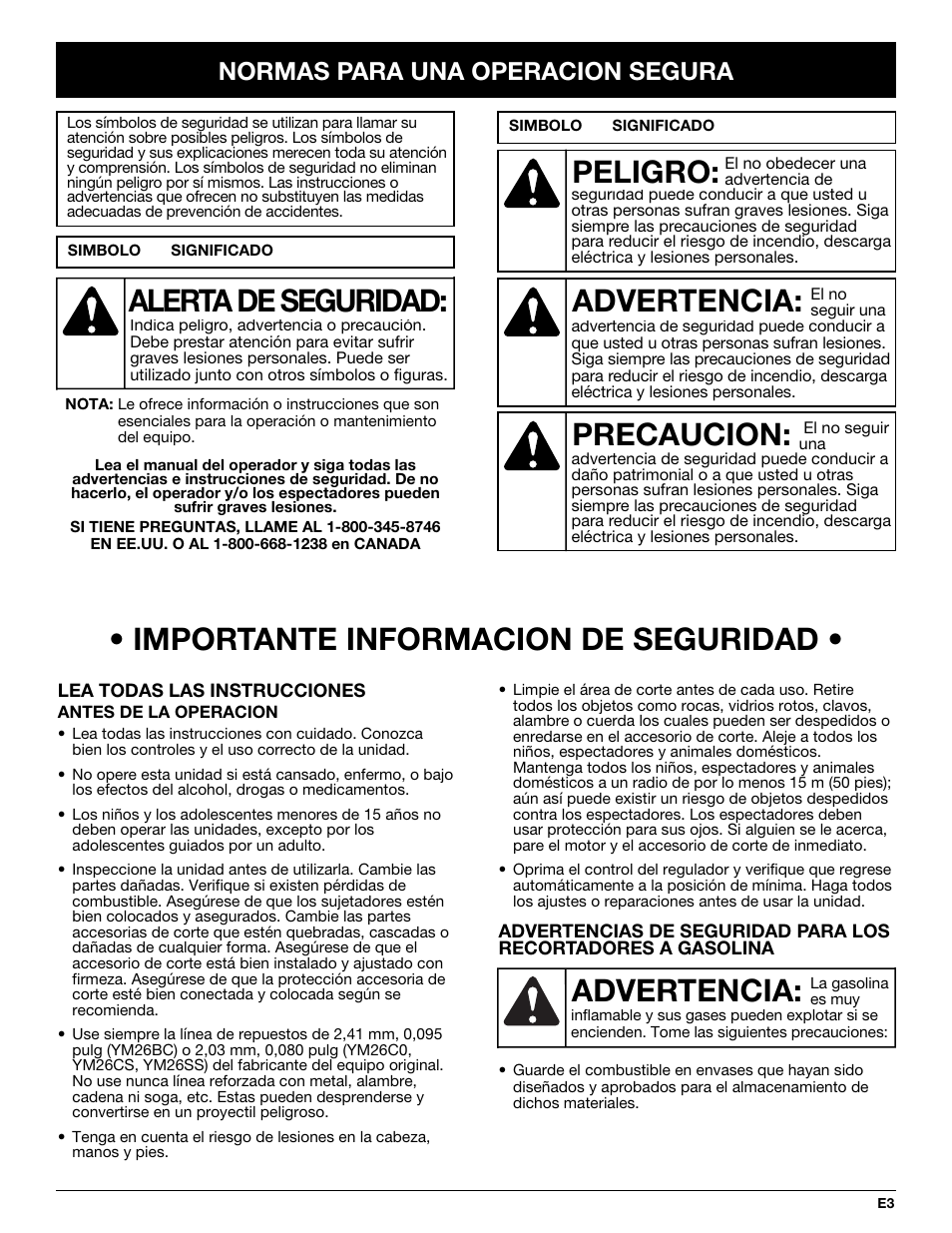 Advertencia, Peligro, Precaucion | Alerta de seguridad, Importante informacion de seguridad, Normas para una operacion segura | MTD YM26CO User Manual | Page 67 / 104