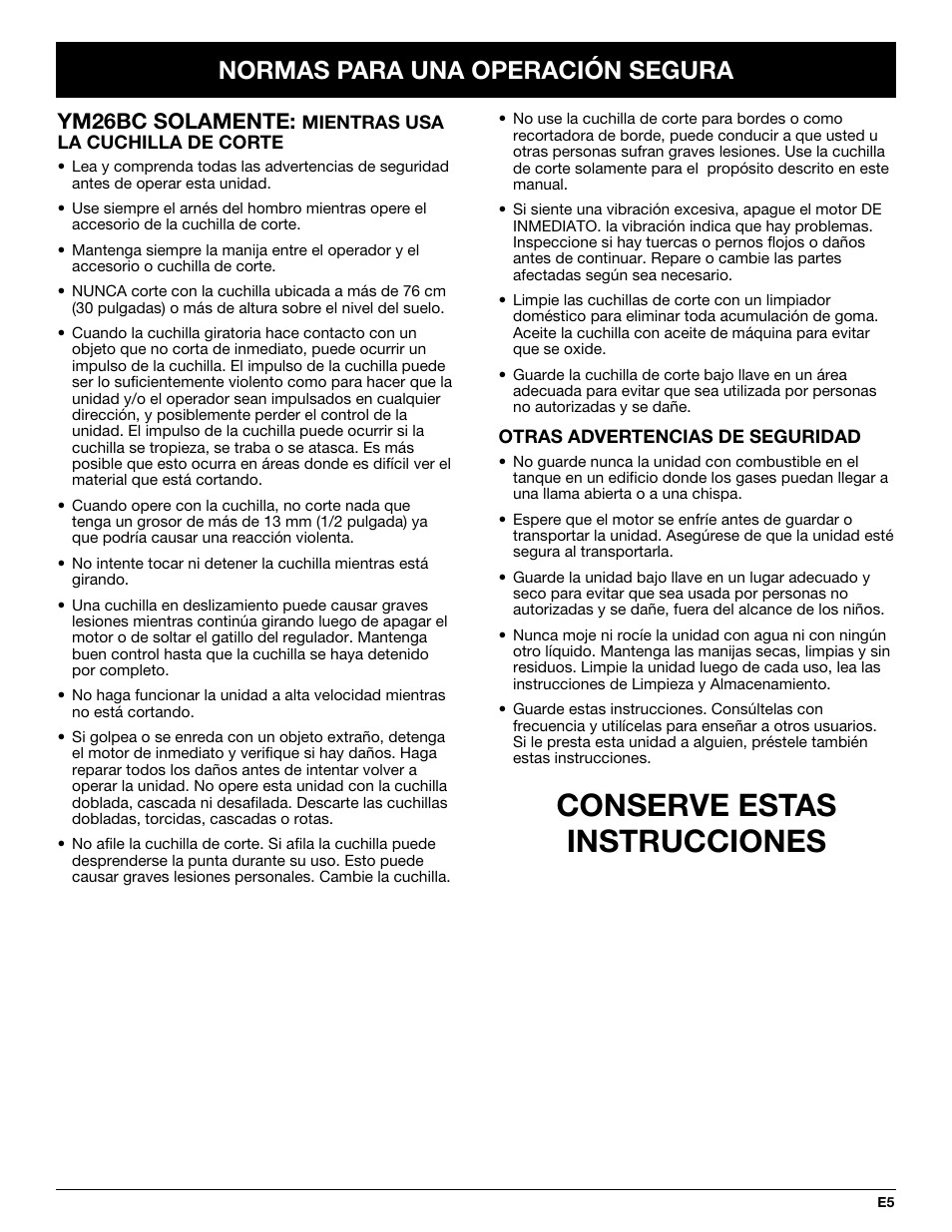 Conserve estas instrucciones, Normas para una operación segura, Ym26bc solamente | MTD YM26CO User Manual | Page 69 / 104