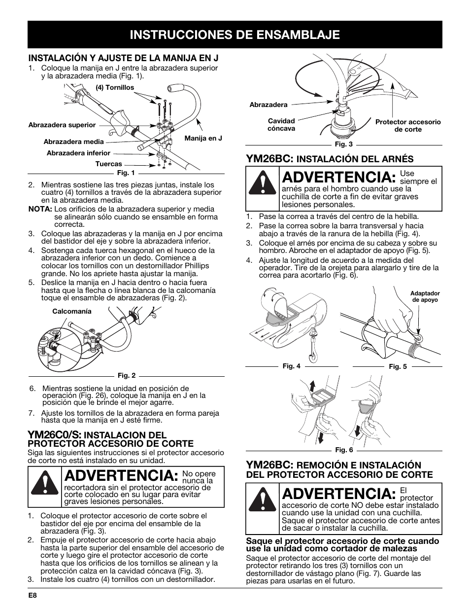 Advertencia, Instrucciones de ensamblaje, Ym26bc | Ym26c0/s | MTD YM26CO User Manual | Page 72 / 104