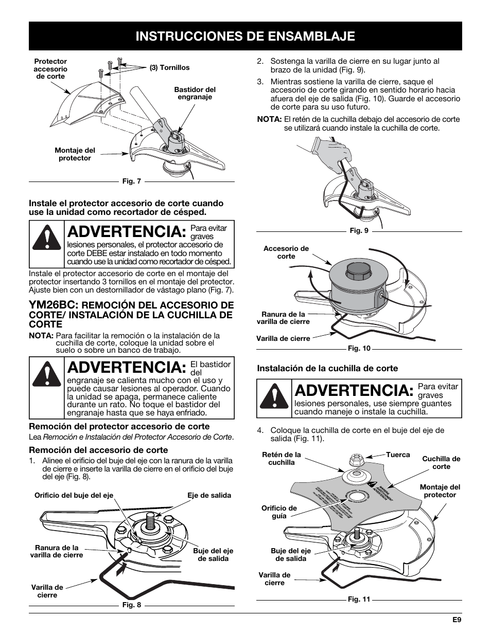 Advertencia, Instrucciones de ensamblaje, Ym26bc | MTD YM26CO User Manual | Page 73 / 104