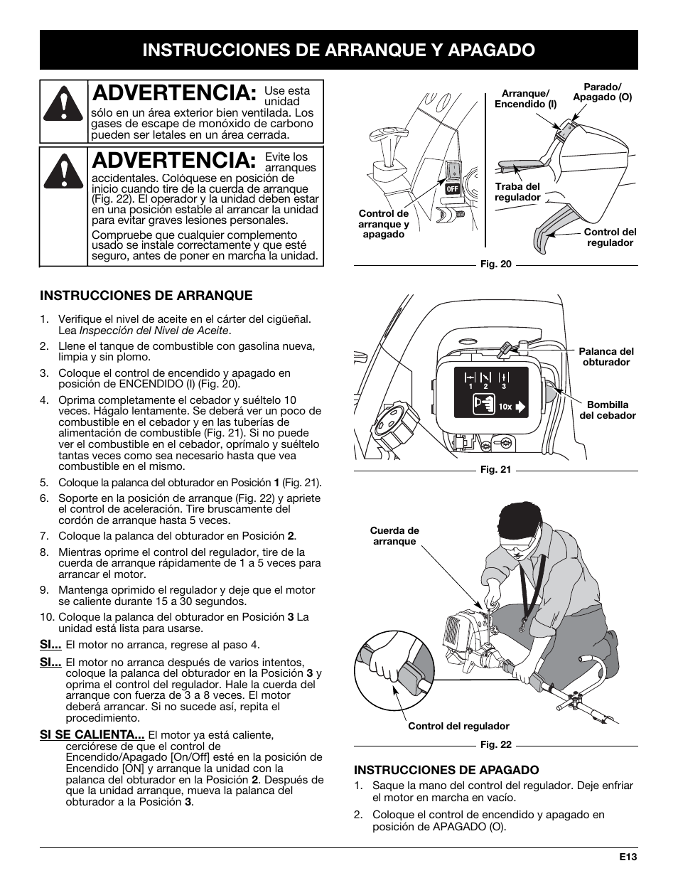 Advertencia, Instrucciones de arranque y apagado | MTD YM26CO User Manual | Page 77 / 104