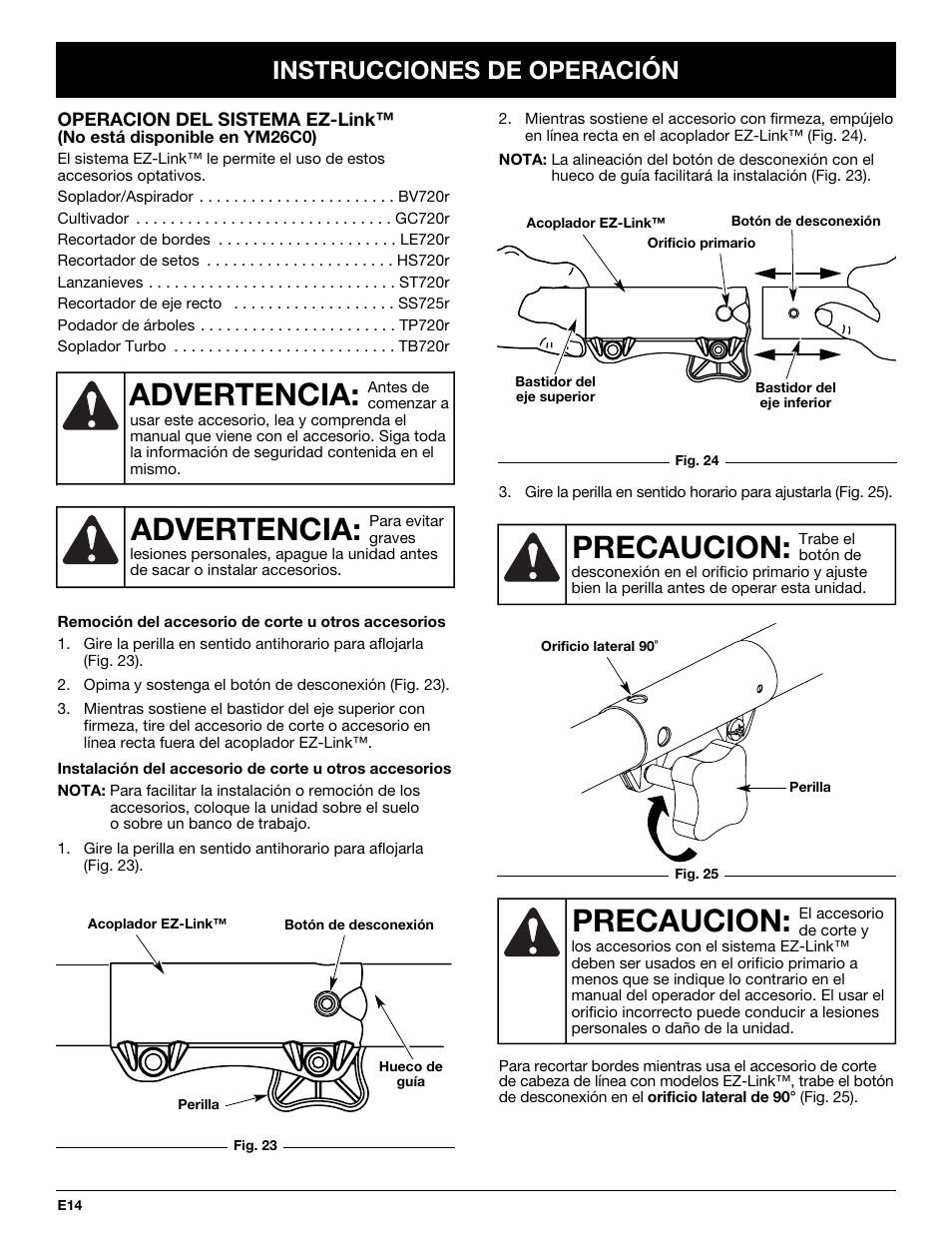 Precaucion, Advertencia, Instrucciones de operación | MTD YM26CO User Manual | Page 78 / 104